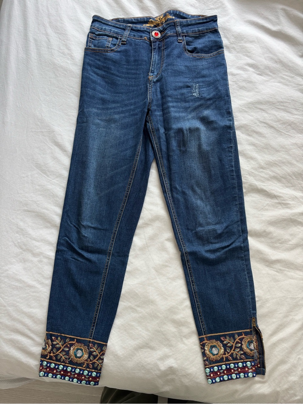 Desigual Dark Blue Cropped Jeans with Embellished Ankles